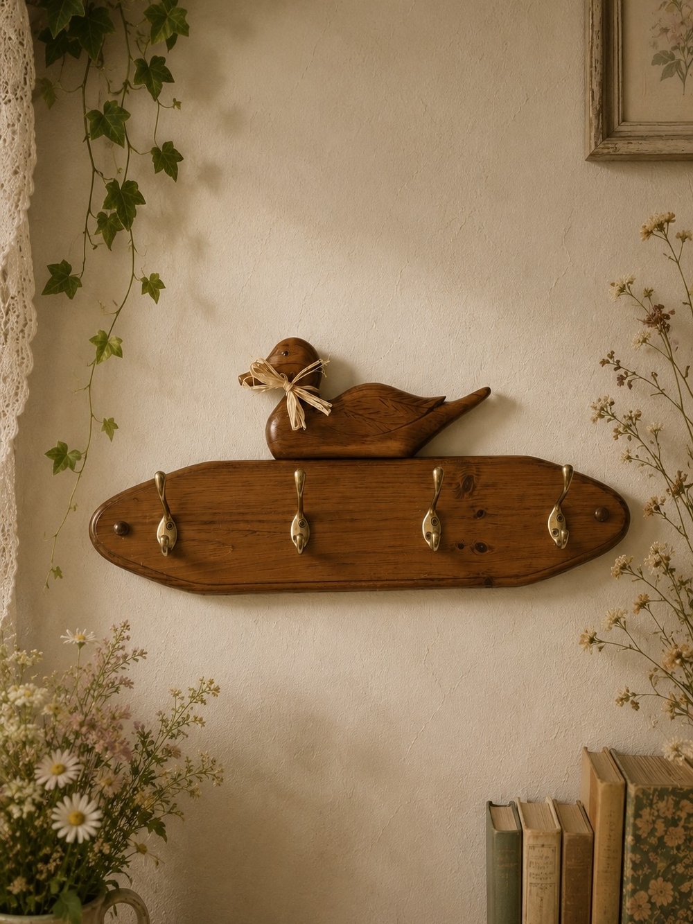 Wooden Duck Wall Hook Rack in Brown - Rustic Home Wall Decor